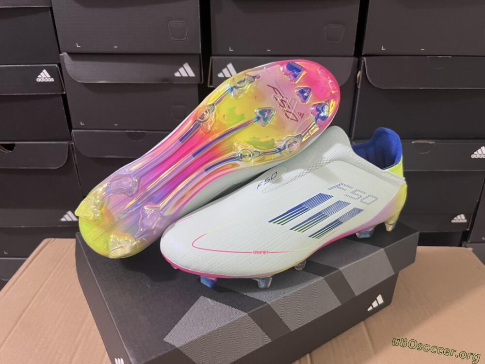 Adidas F50 Elite Laceless FG Football Boots - White/Blue/Pink/Yellow