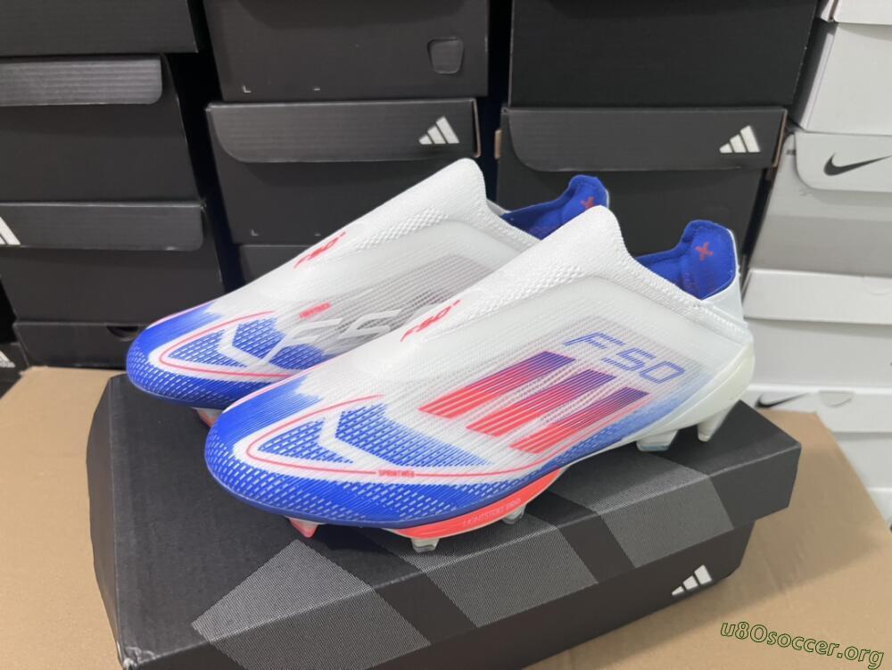 Adidas F50+ Lightstrike Pro Laceless FG Football Boots - Cloud White/Solar Red/Lucid Blue