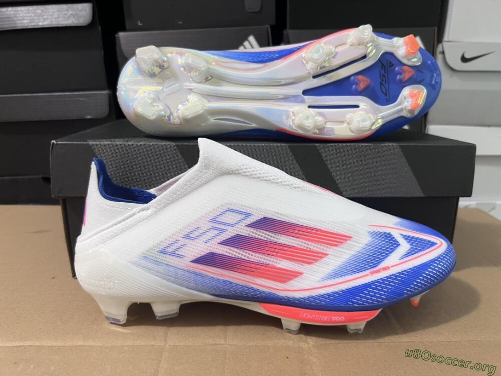 Adidas F50+ Lightstrike Pro Laceless FG Football Boots - Cloud White/Solar Red/Lucid Blue