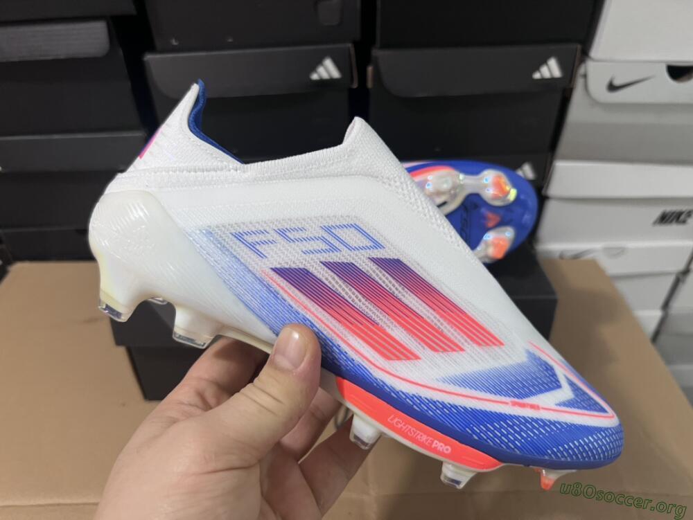 Adidas F50+ Lightstrike Pro Laceless FG Football Boots - Cloud White/Solar Red/Lucid Blue