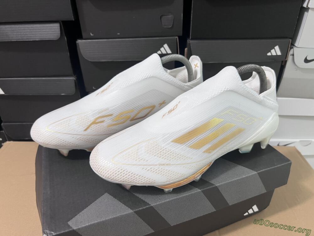 Adidas F50+ Lightstrike Pro Laceless FG Football Boots - Cloud White/Gold Metallic/Cloud White