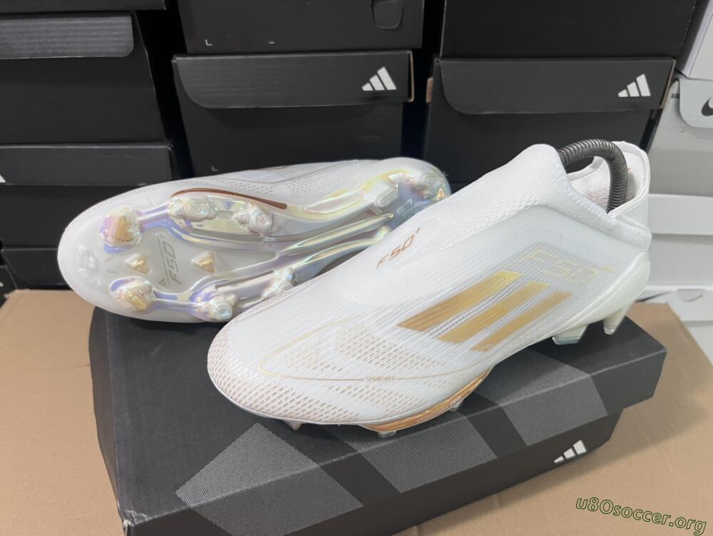 Adidas F50+ Lightstrike Pro Laceless FG Football Boots - Cloud White/Gold Metallic/Cloud White