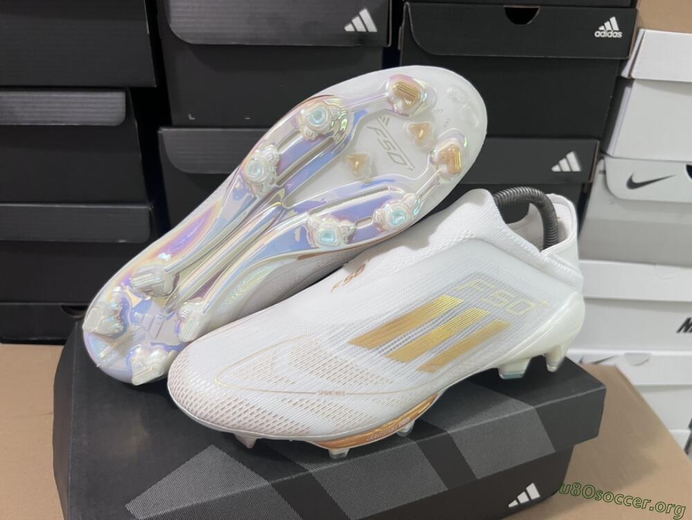 Adidas F50+ Lightstrike Pro Laceless FG Football Boots - Cloud White/Gold Metallic/Cloud White