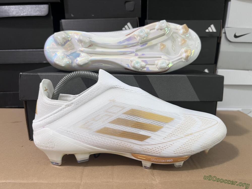 Adidas F50+ Lightstrike Pro Laceless FG Football Boots - Cloud White/Gold Metallic/Cloud White
