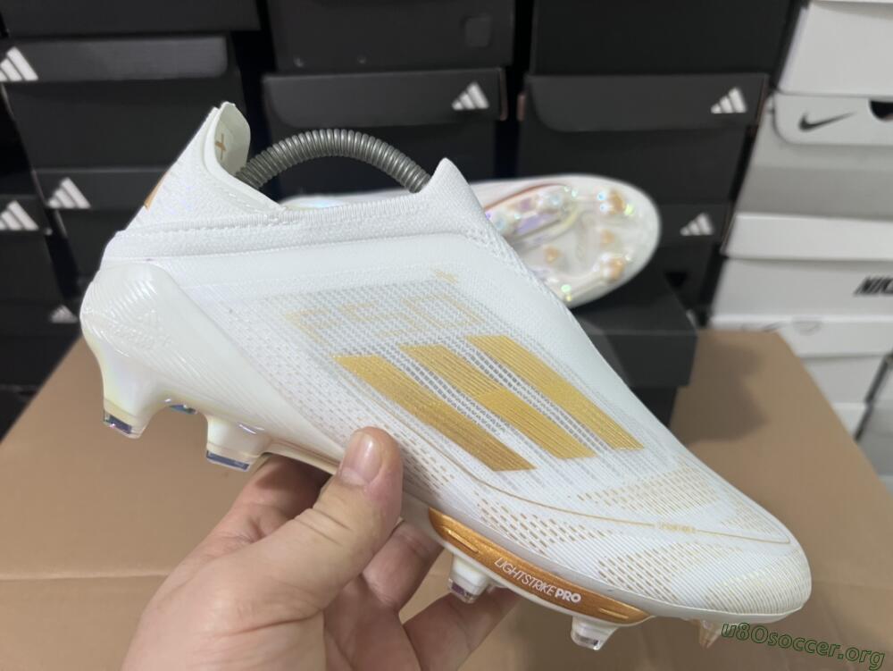Adidas F50+ Lightstrike Pro Laceless FG Football Boots - Cloud White/Gold Metallic/Cloud White