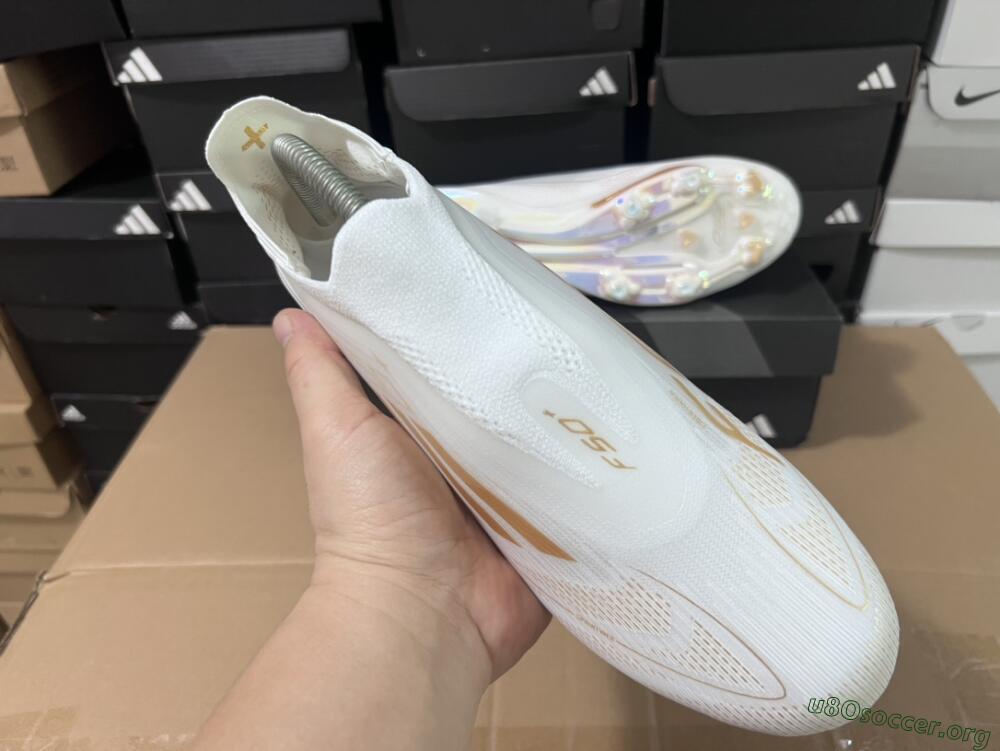 Adidas F50+ Lightstrike Pro Laceless FG Football Boots - Cloud White/Gold Metallic/Cloud White