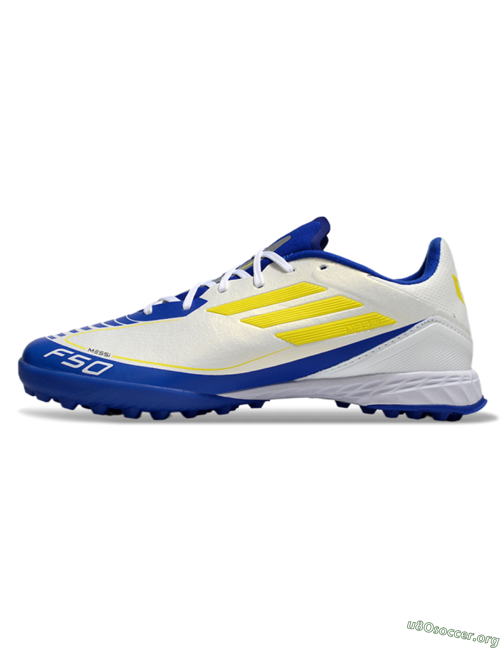 Messi x Adidas F50 Pro TF Football Shoes - White/Yellow/Blue 3