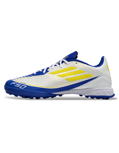 Messi x Adidas F50 Pro TF Football Shoes - White/Yellow/Blue