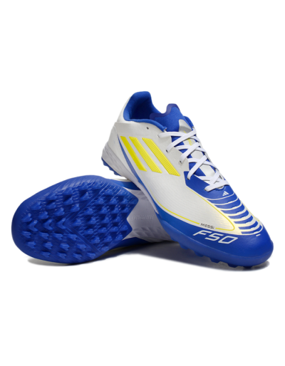 Messi x Adidas F50 Pro TF Football Shoes - White/Yellow/Blue