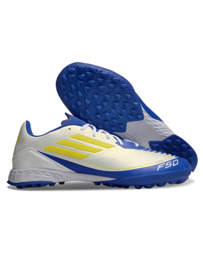 Messi x Adidas F50 Pro TF Football Shoes - White/Yellow/Blue