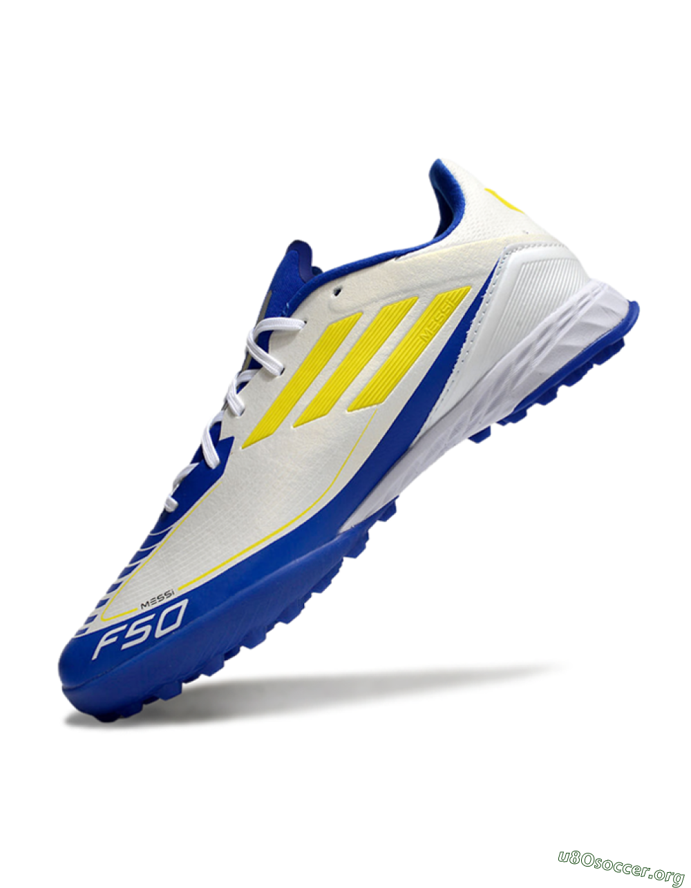 Messi x Adidas F50 Pro TF Football Shoes - White/Yellow/Blue 5
