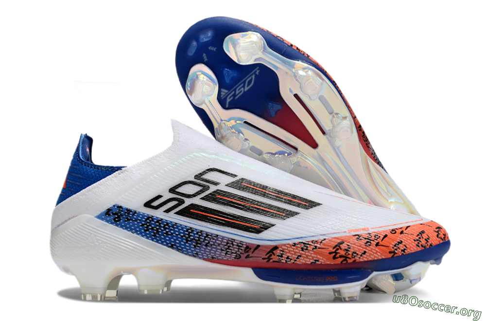 Adidas F50 Elite Lightstrike Pro Laceless FG Football Boots - White/Orange/Blue 2