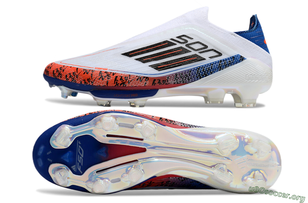 Adidas F50 Elite Lightstrike Pro Laceless FG Football Boots - White/Orange/Blue 1