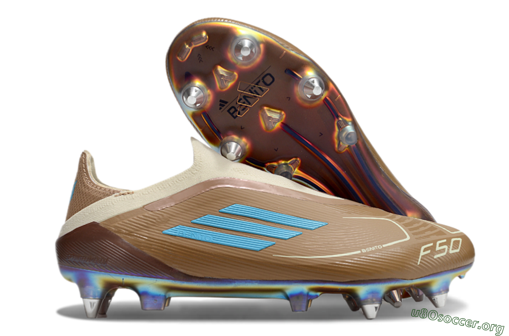 Messi x Adidas F50 Elite Laceless Benito SG Football Boots - Brown/White/Blue 2