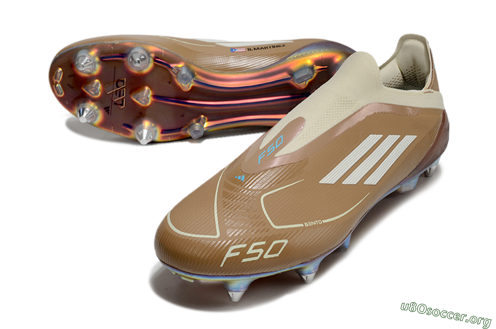 Messi x Adidas F50 Elite Laceless Benito SG Football Boots - Brown/White/Blue 0