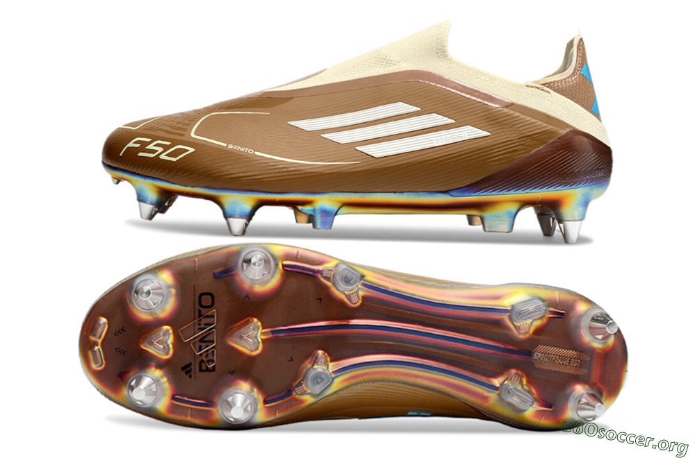 Messi x Adidas F50 Elite Laceless Benito SG Football Boots - Brown/White/Blue 1