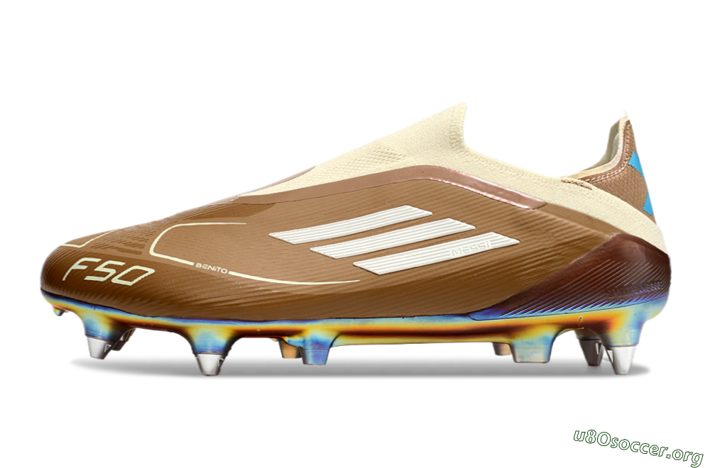 Messi x Adidas F50 Elite Laceless Benito SG Football Boots - Brown/White/Blue 3