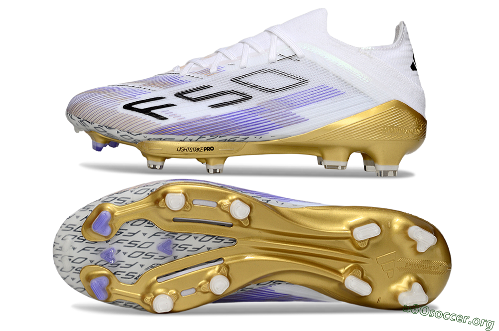 Adidas F50+ Elite Lightstrike Pro FG Football Boots - White/Purple/Gold 1