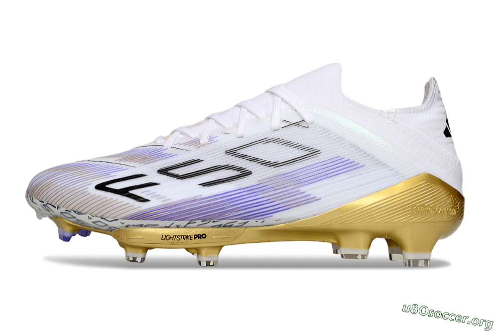 Adidas F50+ Elite Lightstrike Pro FG Football Boots - White/Purple/Gold 3