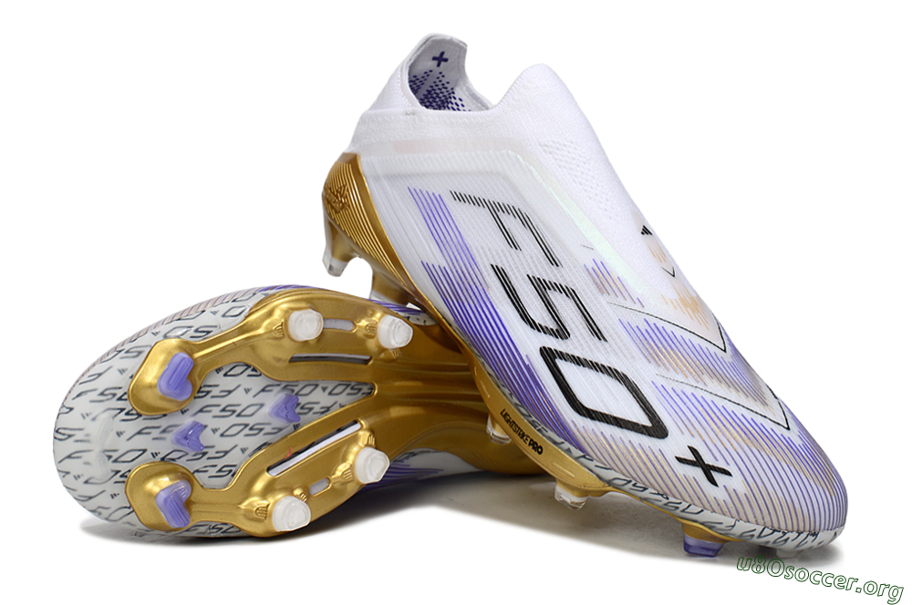 Adidas F50+ Elite Lightstrike Pro Laceless FG Football Boots - White/Purple/Gold 0
