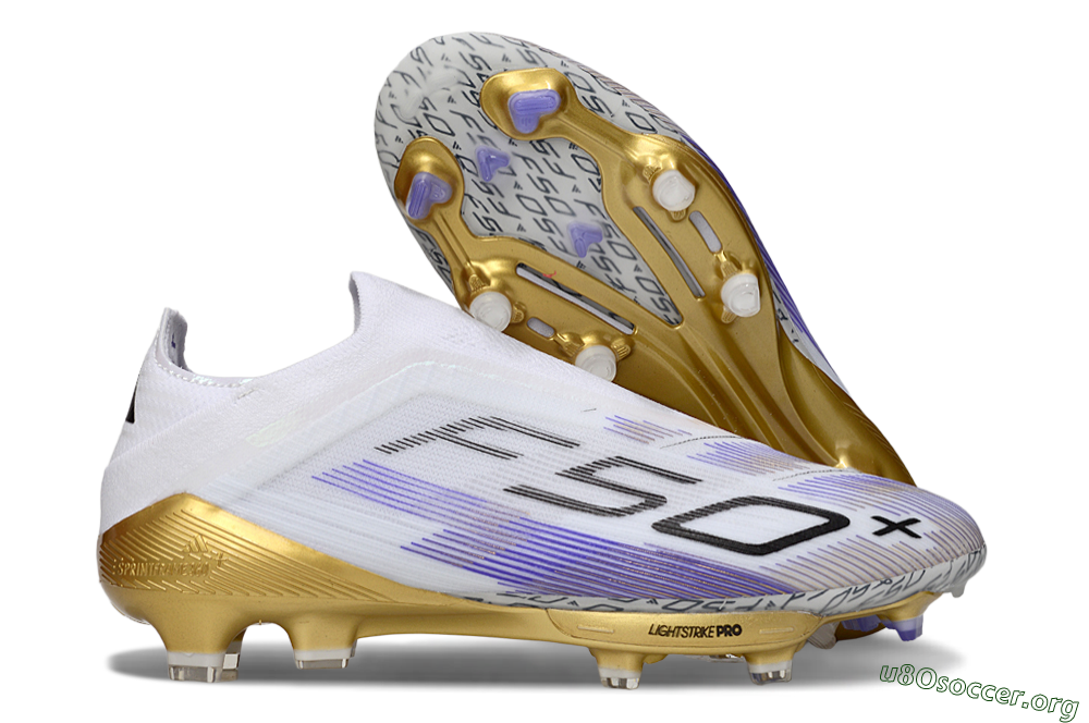 Adidas F50+ Elite Lightstrike Pro Laceless FG Football Boots - White/Purple/Gold 2