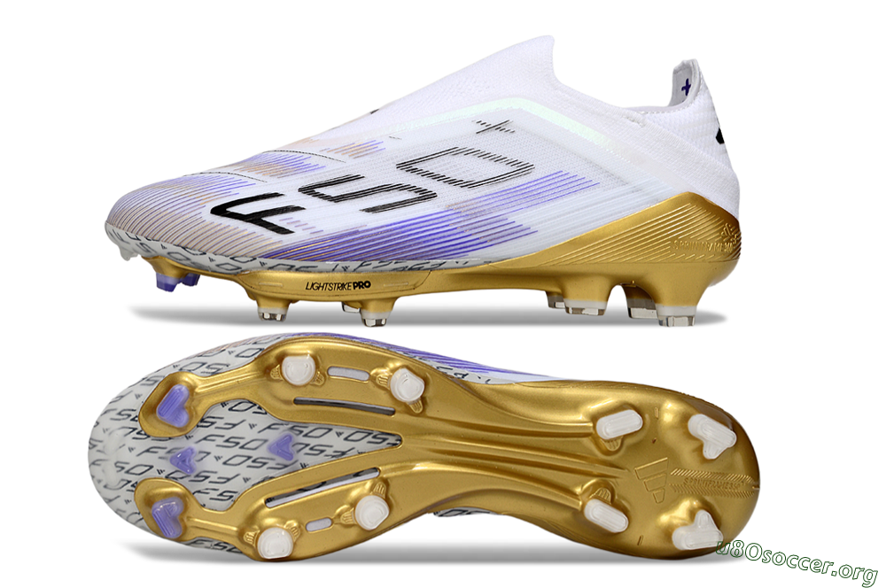 Adidas F50+ Elite Lightstrike Pro Laceless FG Football Boots - White/Purple/Gold 1