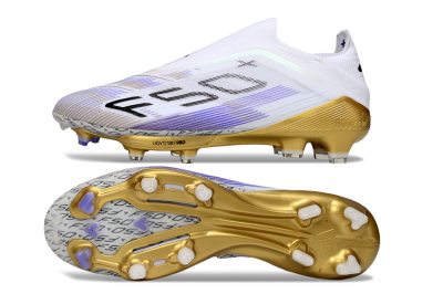 Adidas F50+ Elite Lightstrike Pro Laceless FG Football Boots - White/Purple/Gold