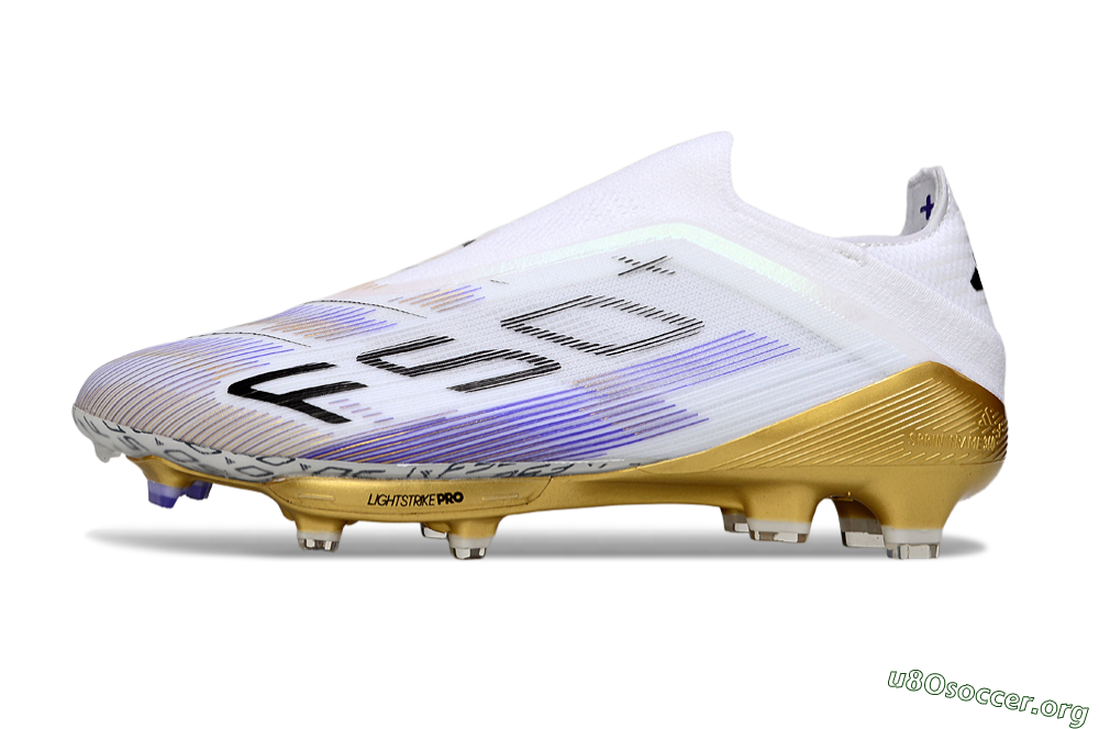 Adidas F50+ Elite Lightstrike Pro Laceless FG Football Boots - White/Purple/Gold 3