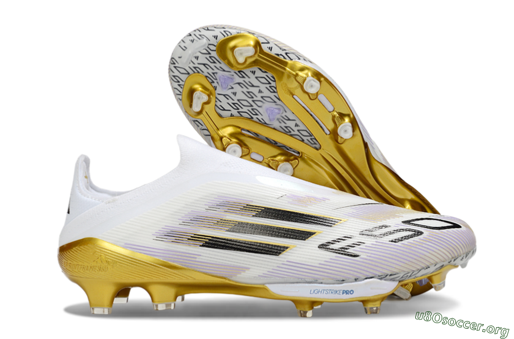 Adidas F50+ Elite Lightstrike Pro Laceless FG Football Boots - White/Black/Gold 2