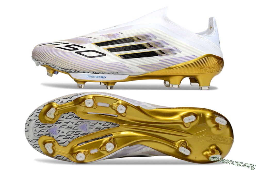 Adidas F50+ Elite Lightstrike Pro Laceless FG Football Boots - White/Black/Gold 1