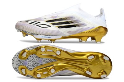 Adidas F50+ Elite Lightstrike Pro Laceless FG Football Boots - White/Black/Gold