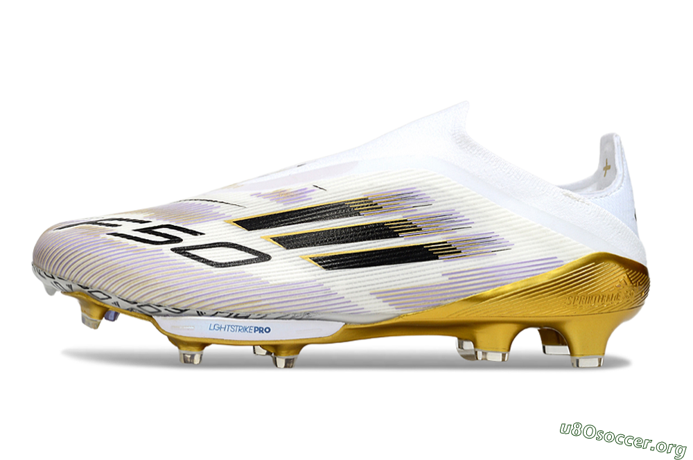 Adidas F50+ Elite Lightstrike Pro Laceless FG Football Boots - White/Black/Gold 3