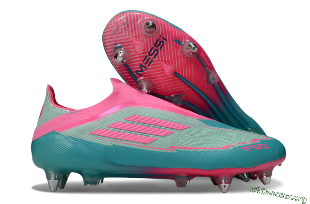 Messi x Adidas F50 Elite Laceless SG Football Boots - Green/Pink 2