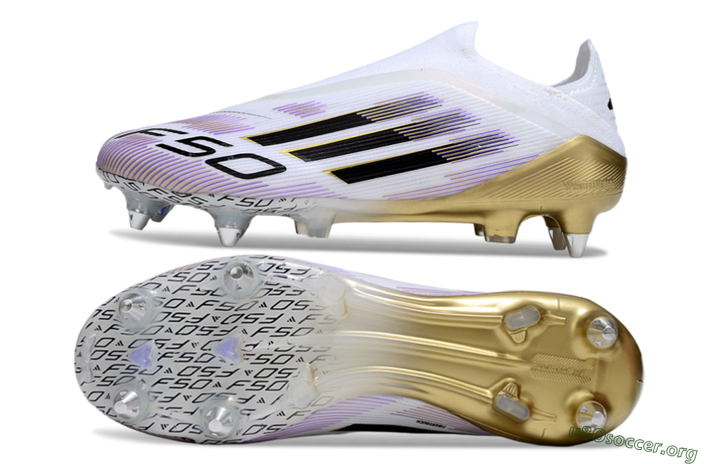 Adidas F50 Elite Laceless SG Football Boots - White/Purple/Gold 1