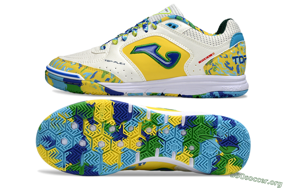 Joma Top Flex IC Football Shoes - White/Yellow/Blue 1