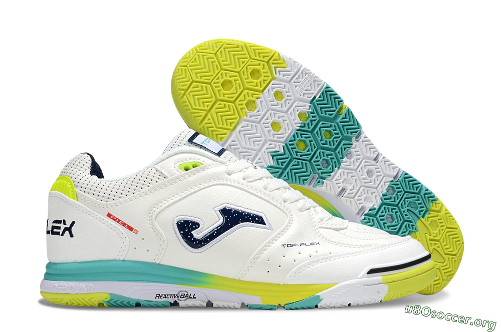 Joma Top Flex IC Football Shoes - White/Yellow/Jade 2