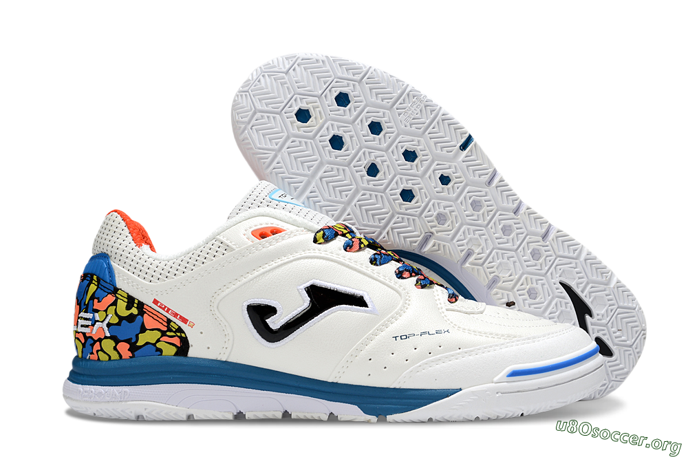 Joma Top Flex IC Football Shoes - White/Black/Blue 2