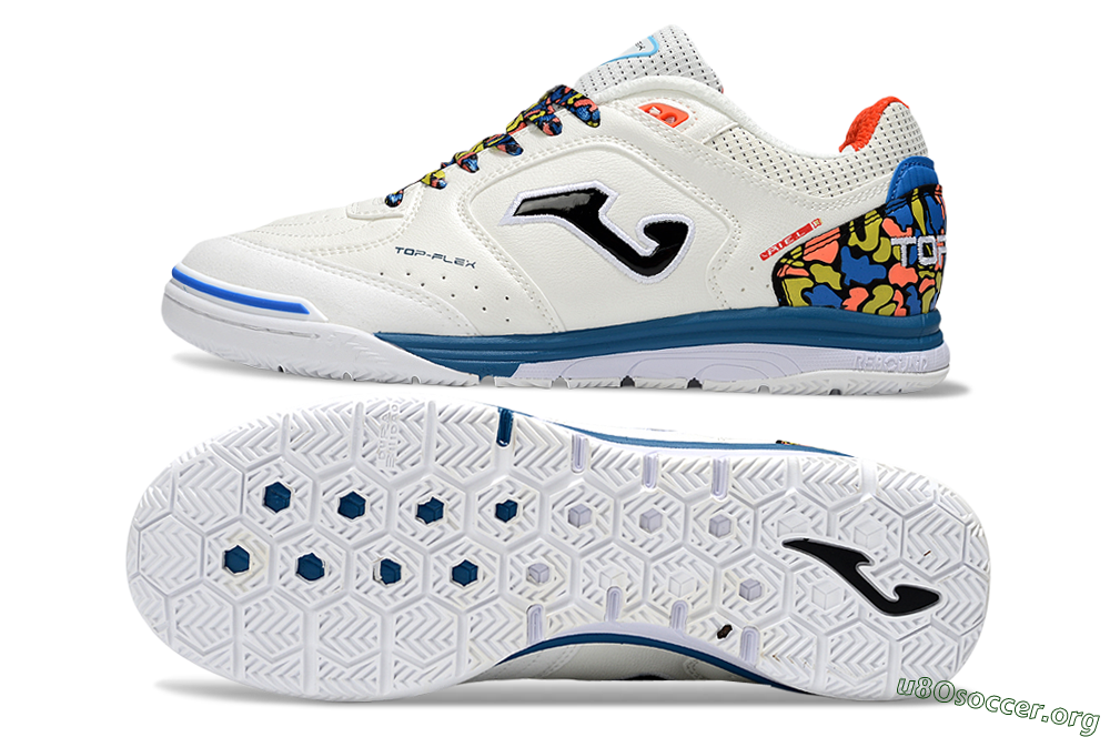 Joma Top Flex IC Football Shoes - White/Black/Blue 1