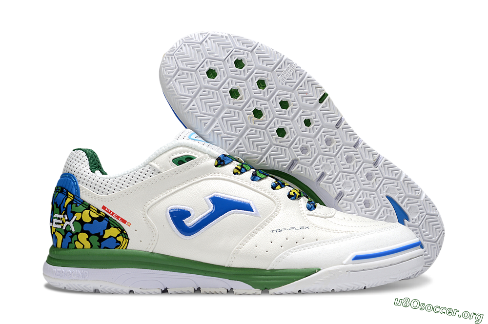 Joma Top Flex IC Football Shoes - White/Blue/Green 2