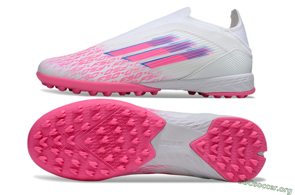Adidas F50 Elite Laceless TF Football Shoes - White/Neon Pink/Sky Blue 1
