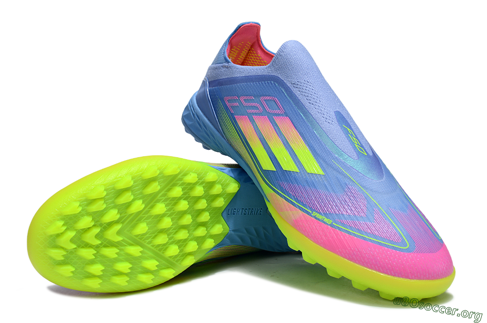 Adidas F50 Pro Laceless TF Football Shoes - Blue/Neon Green/Fluorescent Pink 0