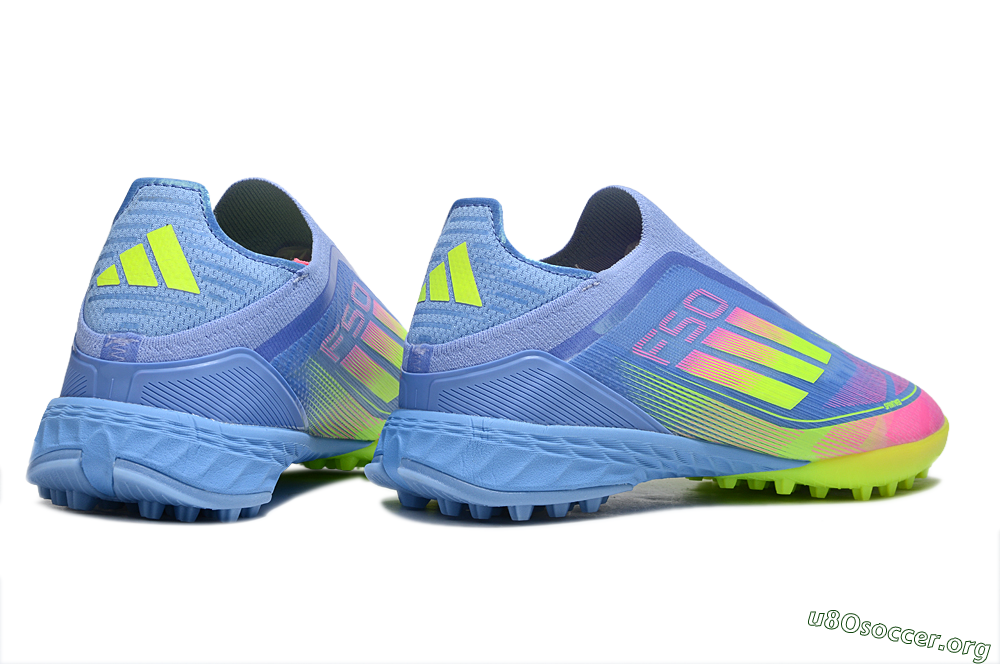 Adidas F50 Pro Laceless TF Football Shoes - Blue/Neon Green/Fluorescent Pink 6