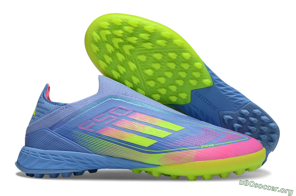 Adidas F50 Pro Laceless TF Football Shoes - Blue/Neon Green/Fluorescent Pink 2