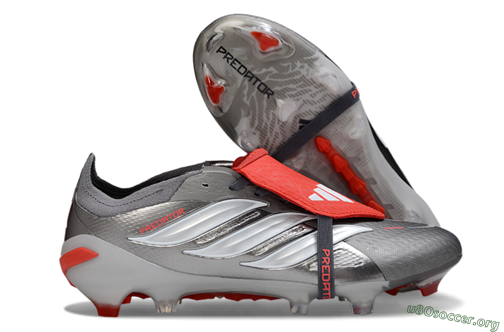 Adidas Predator 26 Elite Fold-Over Tongue FG Football Boots - Gray/Bright Red/Metallic Silver 2
