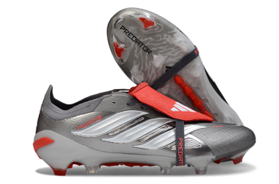 Adidas Predator 26 Elite Fold-Over Tongue FG Football Boots - Gray/Bright Red/Metallic Silver