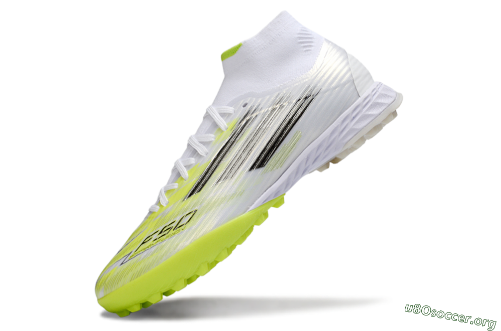 Adidas F50 Pro Mid TF Football Shoes - White/Electric Lime/Neon Yellow 5