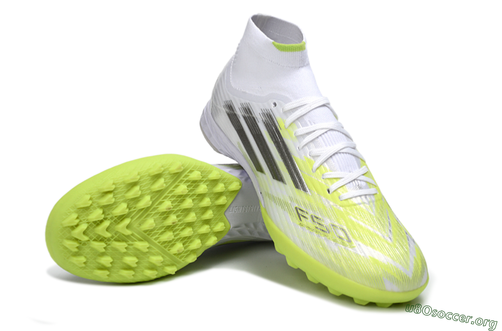 Adidas F50 Pro Mid TF Football Shoes - White/Electric Lime/Neon Yellow 0