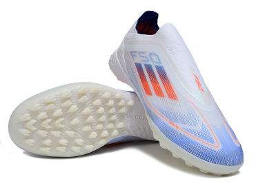 Adidas F50 Elite Laceless TF Football Shoes - White/Sky Blue/Coral Red