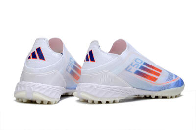 Adidas F50 Elite Laceless TF Football Shoes - White/Sky Blue/Coral Red