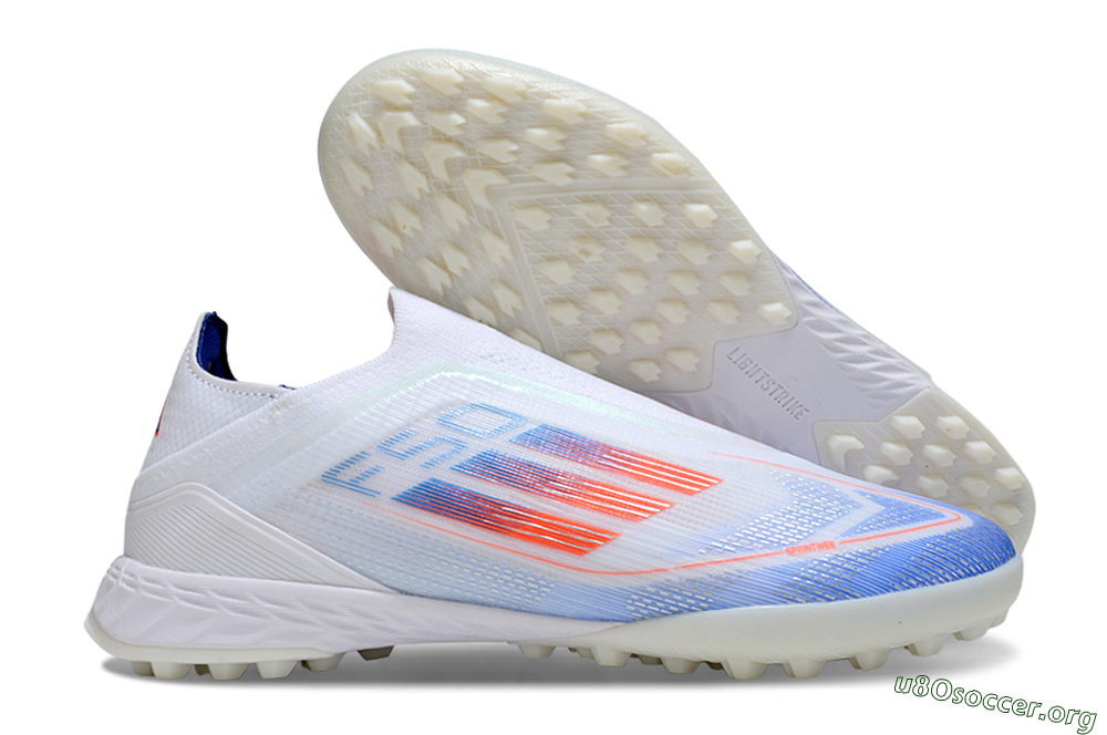 Adidas F50 Elite Laceless TF Football Shoes - White/Sky Blue/Coral Red 2
